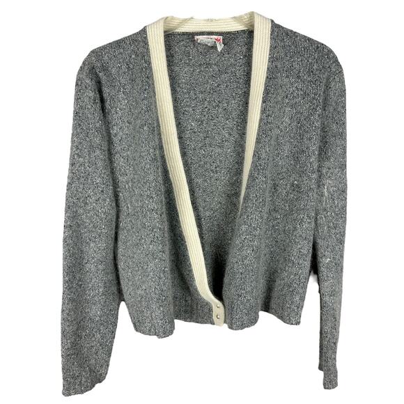 Vintage 70s Mohair Angora Blend Long Sleeve Preppy V Neck Button Front Cardigan - Picture 1 of 5
